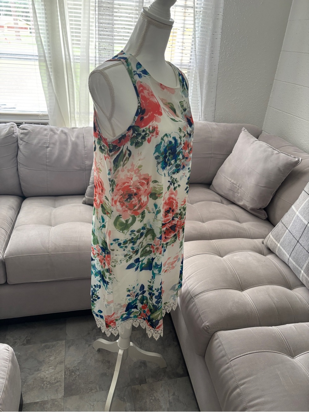 Robert Louis Floral Sleeveless Midi Dress - Coral, Blue, Green on Cream